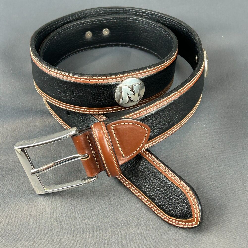 Black Brown Leather Nebraska N Logo Belt Fits 34" - 38" Waist